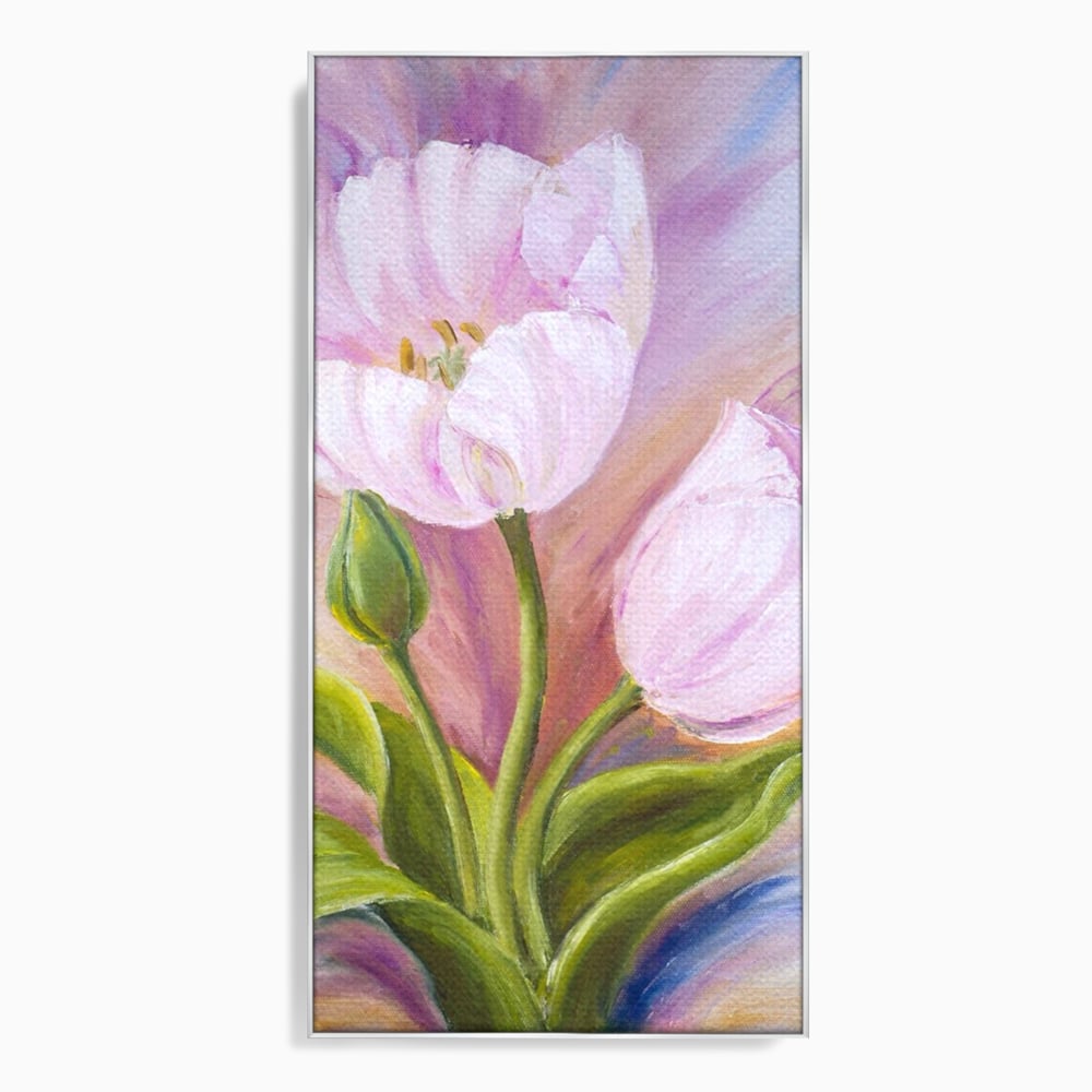 Tablou canvas cu tablou canvas cu lalele roz, in rama de aluminiu argintiu